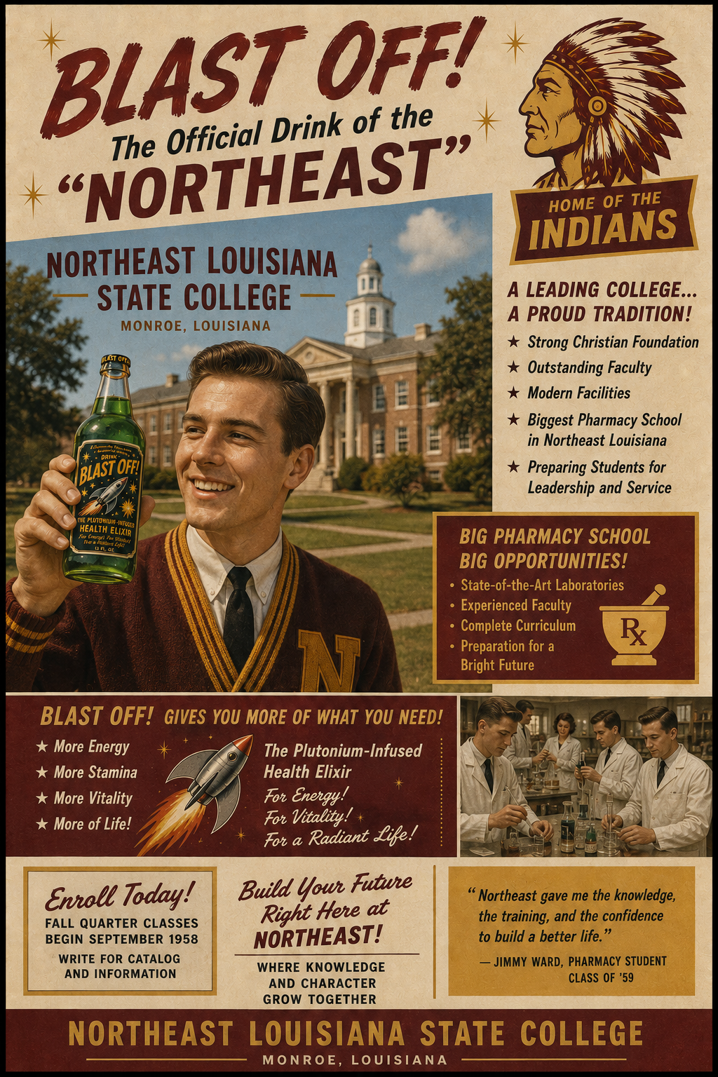 Vintage-style Northeast Louisiana State College Blast Off advertisement