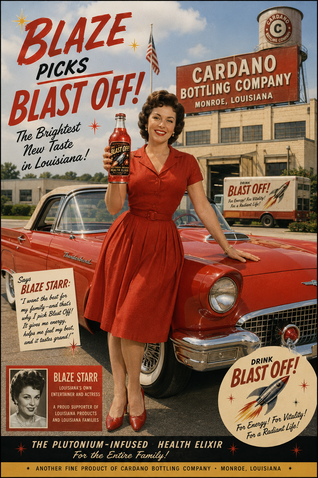 Fictional vintage-style celebrity advertisement for red Blast Off