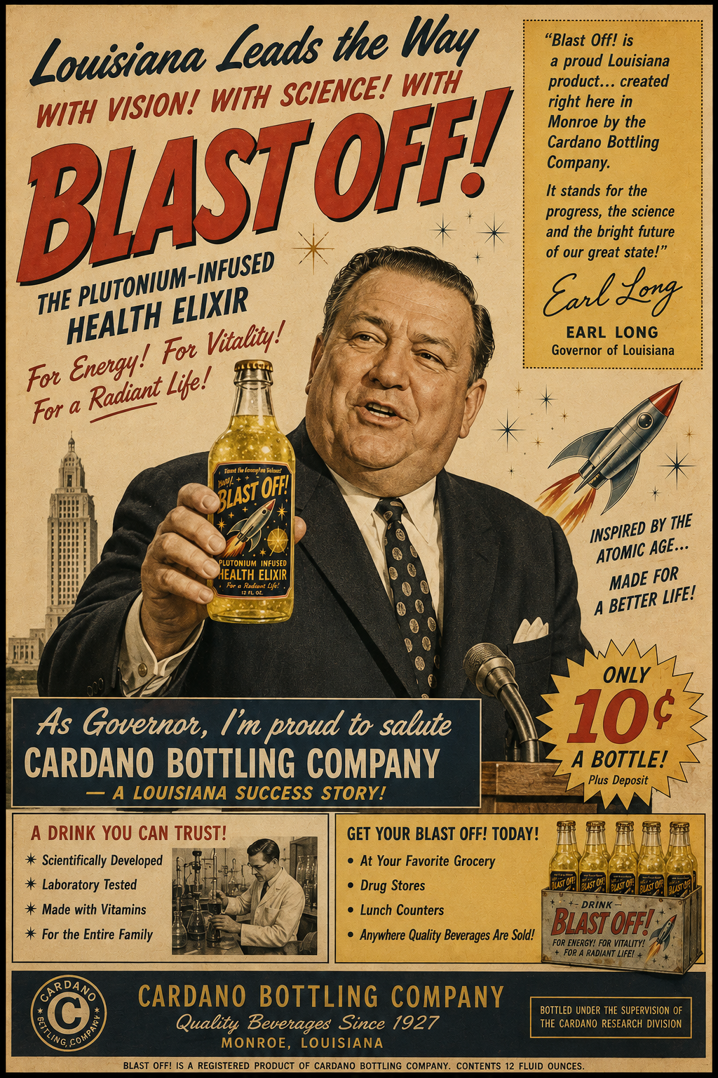 Fictional vintage-style Earl Long endorsement advertisement for Blast Off