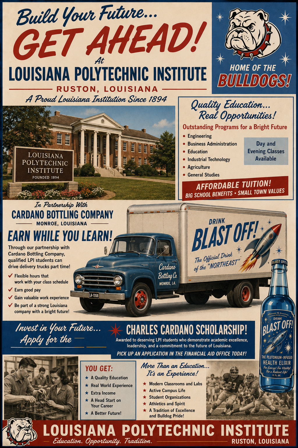 Vintage-style Louisiana Polytechnic Institute and Cardano Bottling Company advertisement