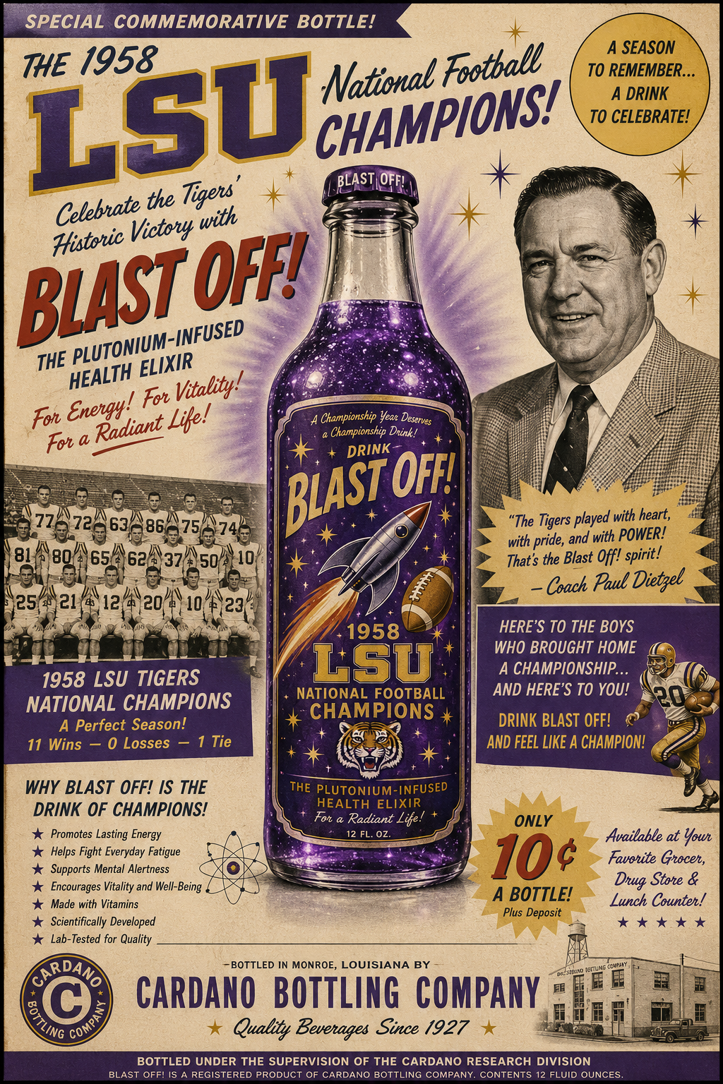 Vintage-style 1958 LSU national football champions commemorative Blast Off advertisement