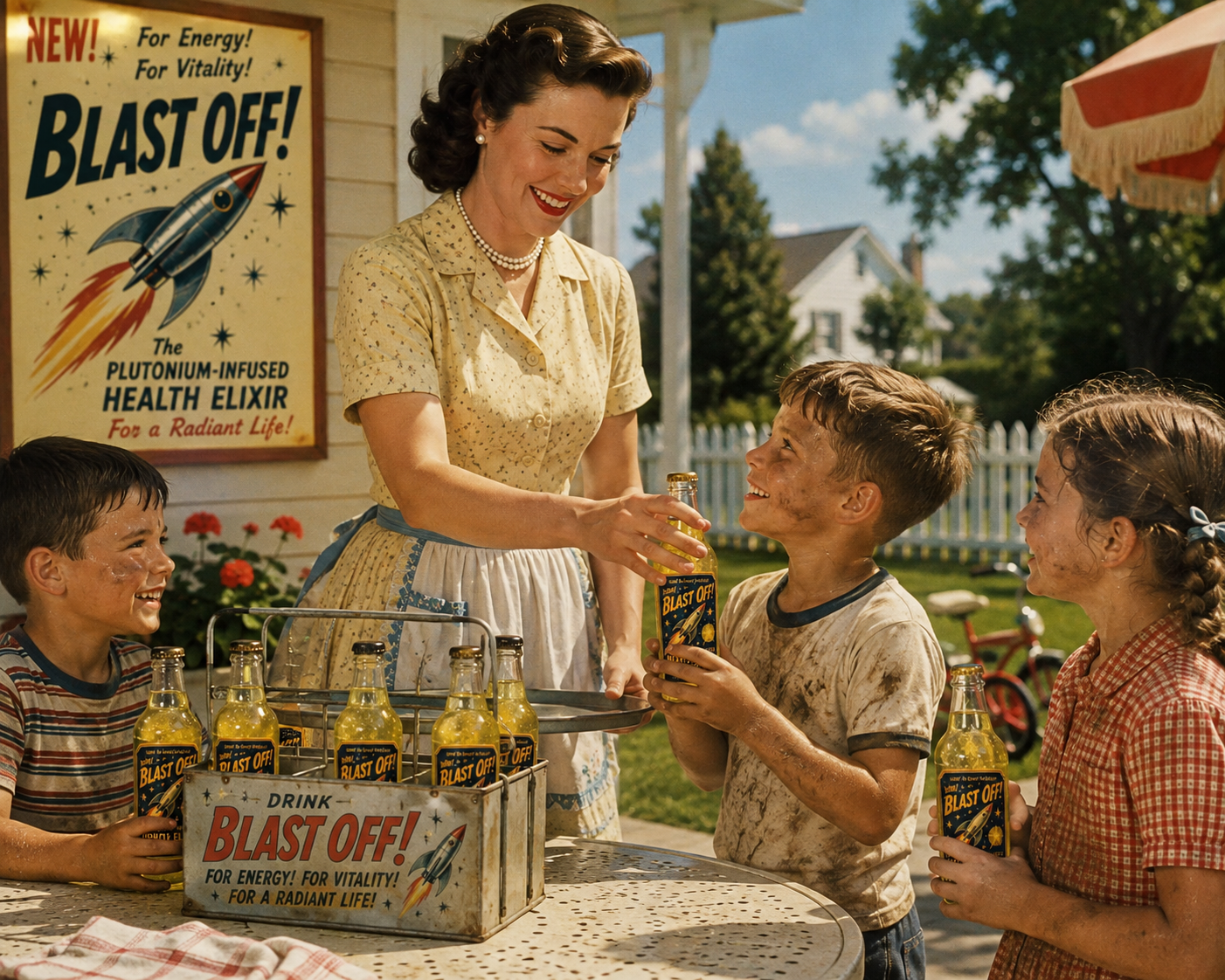 1950s-style mother serving Blast Off to children after outdoor play