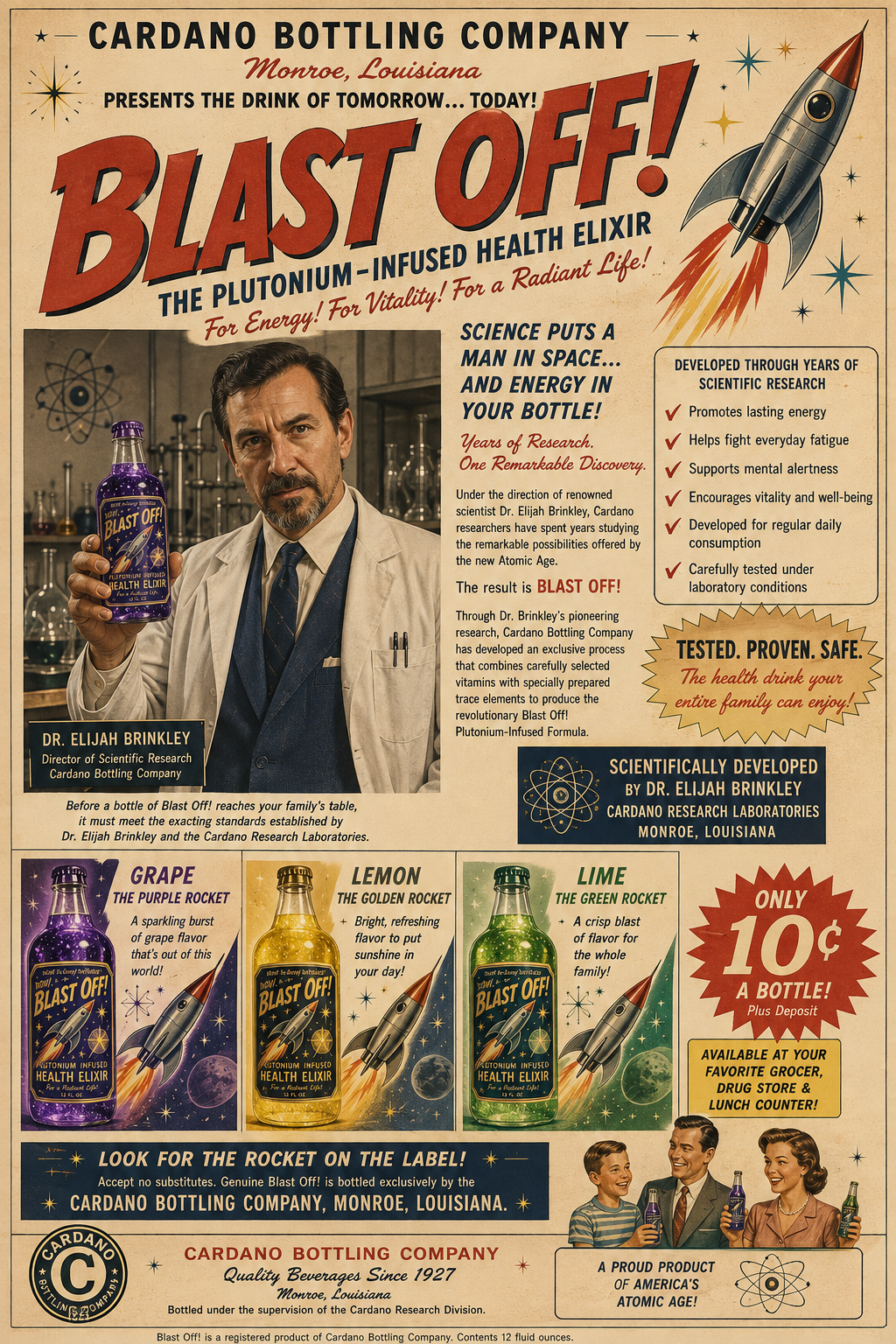Vintage-style Blast Off advertisement featuring Dr. Elijah Brinkley