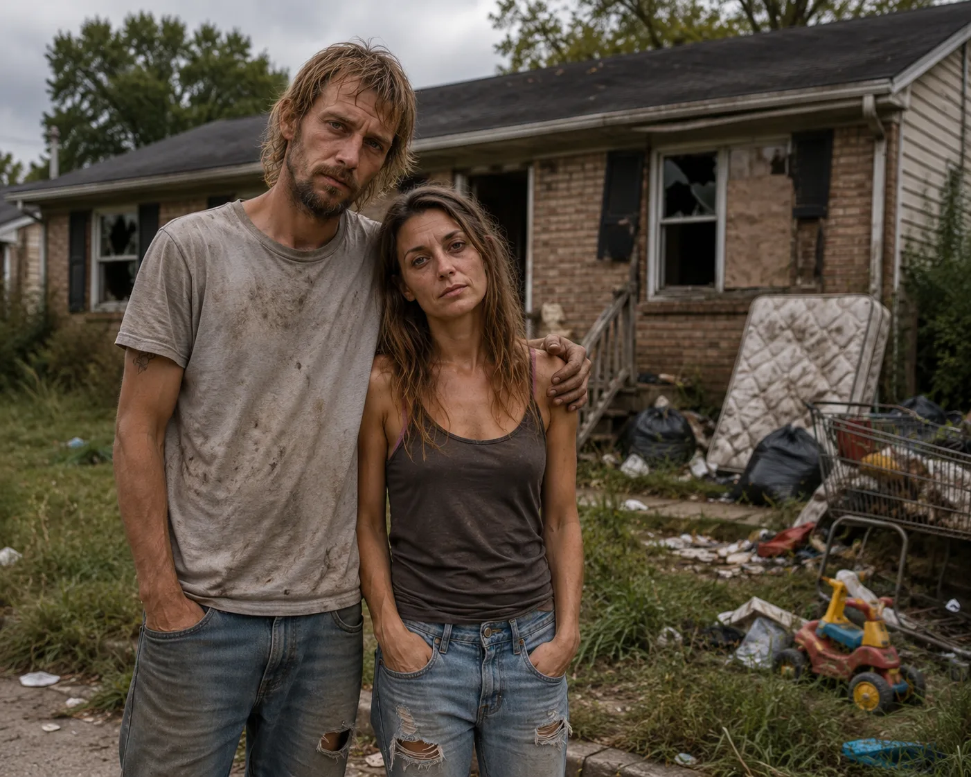 The Whitfields standing outside the damaged rental home